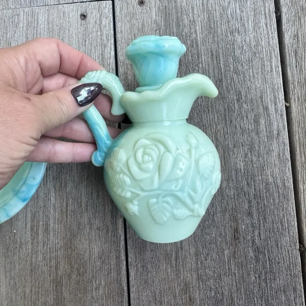 Vintage Avon Jadeite Turquoise Swirl Pitcher w/ Stopper & Basin Dish